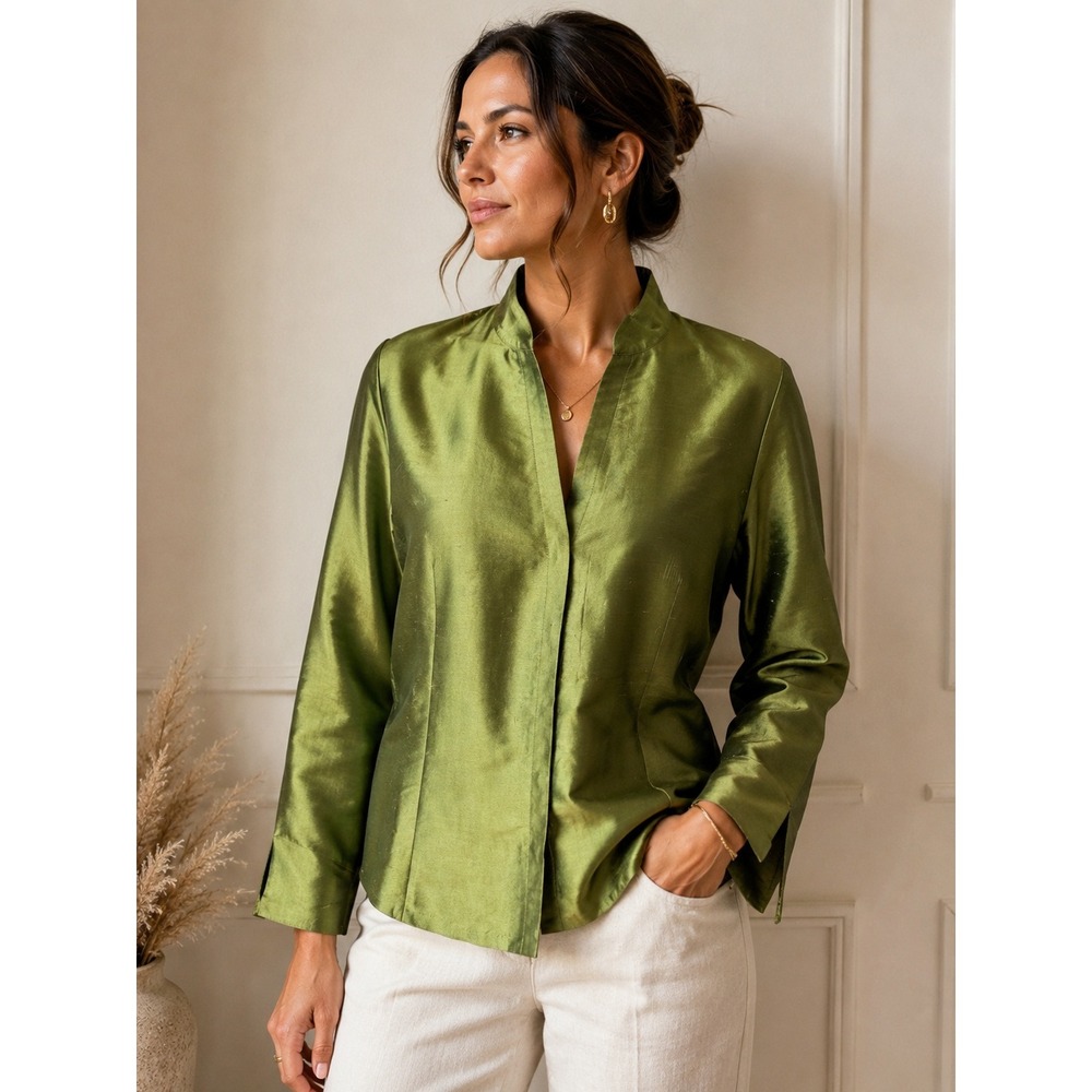 Allison Taylor Green 100% Silk Mandarin Collar Blouse Iridescent Top Womens XL